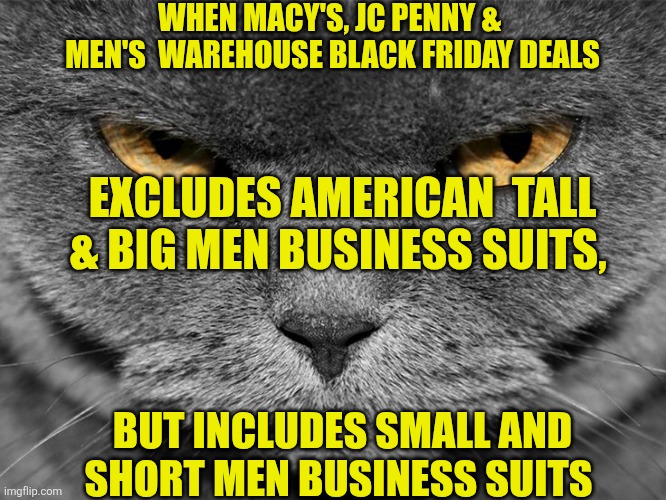 American big and tall men business suits excluded. Why prioritized small & short workforce? | WHEN MACY'S, JC PENNY &  
MEN'S  WAREHOUSE BLACK FRIDAY DEALS; EXCLUDES AMERICAN  TALL & BIG MEN BUSINESS SUITS, BUT INCLUDES SMALL AND SHORT MEN BUSINESS SUITS | image tagged in american,usa,business suit,black friday,economy,workforce | made w/ Imgflip meme maker