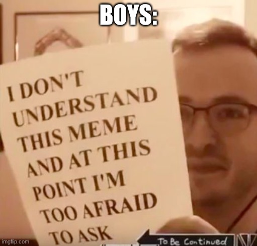 I Don't Understand This Meme And At This Point I'm Too Afraid To | BOYS: | image tagged in i don't understand this meme and at this point i'm too afraid to | made w/ Imgflip meme maker