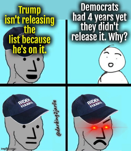 Release Epstein Files or GTA 6 | Democrats had 4 years yet they didn't release it. Why? Trump isn't releasing the list because he's on it. @darking2jarlie | image tagged in blue hat npc,epstein,jeffrey epstein,trump,democrats | made w/ Imgflip meme maker