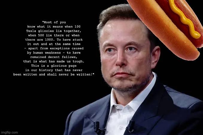 "Most of you know what it means when 100 Tesla glizzies lie together, when 500 lie there or when there are 1000. To have stuck it out and at the same time – apart from exceptions caused by human weakness – to have remained decent fellows, that is what has made us tough. This is a glorious page in our history that has never been written and shall never be written!" | made w/ Imgflip meme maker