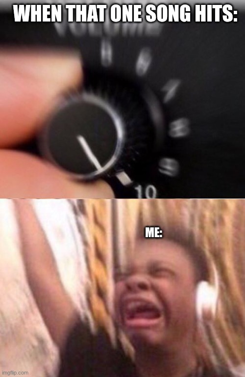 MY EARSSSS HURT SO BADDDDD DX | WHEN THAT ONE SONG HITS:; ME: | image tagged in turn up the volume,funny | made w/ Imgflip meme maker