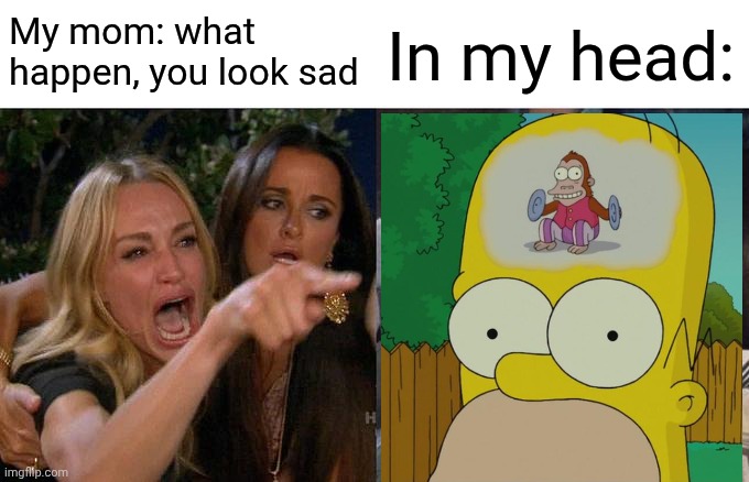 Woman Yelling At Cat | My mom: what happen, you look sad; In my head: | image tagged in memes,woman yelling at cat | made w/ Imgflip meme maker