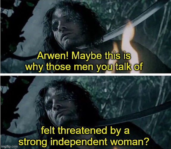 Aragorn Gets Red Pilled | Arwen! Maybe this is why those men you talk of; felt threatened by a strong independent woman? | image tagged in aragorn gets captured,feminism,crazy,empowered,red pill,danger | made w/ Imgflip meme maker