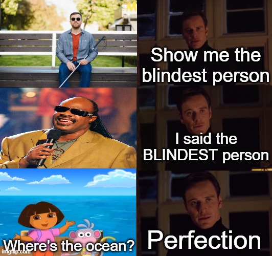 We all know that one blind person... | Show me the blindest person; I said the BLINDEST person; Perfection; Where's the ocean? | image tagged in perfection,blind,dora the explorer,lol,accurate | made w/ Imgflip meme maker