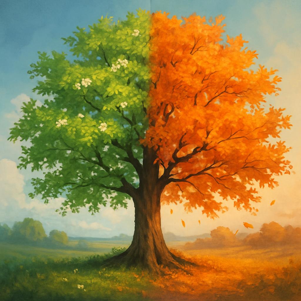 Ein Baum halb frühling halb herbst Blank Meme Template