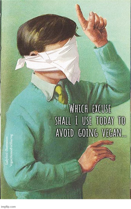It's pathetic | Which  excuse
shall  I  use  today  to  avoid  going  vegan... Ladybird illustration:
VeganMemesForSharing | image tagged in animal rights,vegan,veganism,chicken,cheese,burger | made w/ Imgflip meme maker