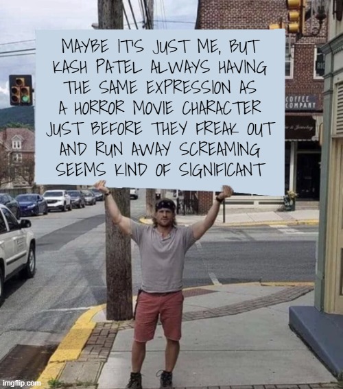 What's up with that? I mean... when you're working one of the safest jobs ever, what's left to fear except your co-workers? | MAYBE IT'S JUST ME, BUT
KASH PATEL ALWAYS HAVING
THE SAME EXPRESSION AS
A HORROR MOVIE CHARACTER
JUST BEFORE THEY FREAK OUT
AND RUN AWAY SCREAMING
SEEMS KIND OF SIGNIFICANT | image tagged in man holding sign,horror movies,kash patel,terror,no honor among co-conspirators | made w/ Imgflip meme maker