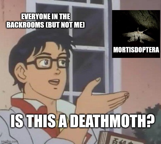 Is this a deathmoth? | EVERYONE IN THE BACKROOMS (BUT NOT ME); MORTISDOPTERA; IS THIS A DEATHMOTH? | image tagged in memes,is this a pigeon | made w/ Imgflip meme maker