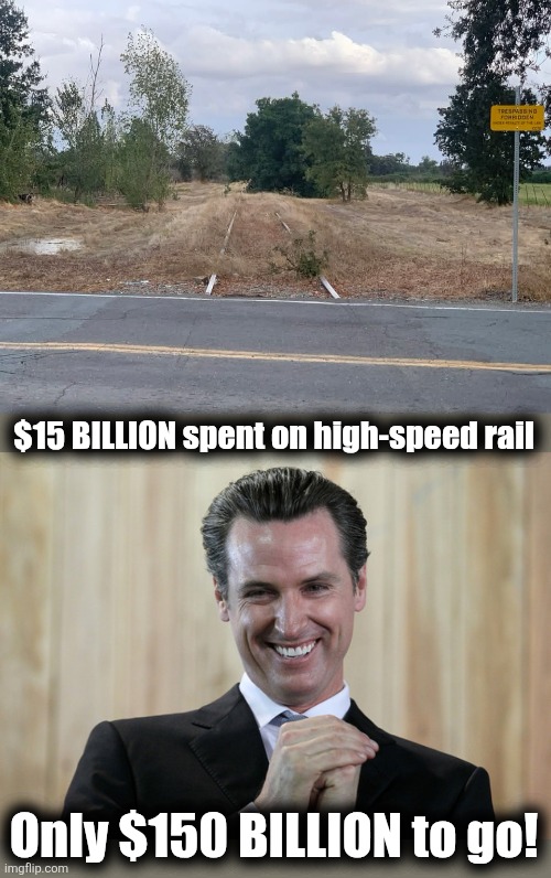 And let's take it nationwide! | $15 BILLION spent on high-speed rail; Only $150 BILLION to go! | image tagged in scheming gavin newsom,memes,corruption,california,democrats,high speed rail | made w/ Imgflip meme maker