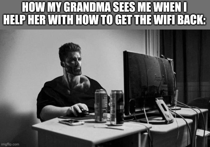 Gigachad helps | HOW MY GRANDMA SEES ME WHEN I HELP HER WITH HOW TO GET THE WIFI BACK: | image tagged in gigachad on the computer | made w/ Imgflip meme maker