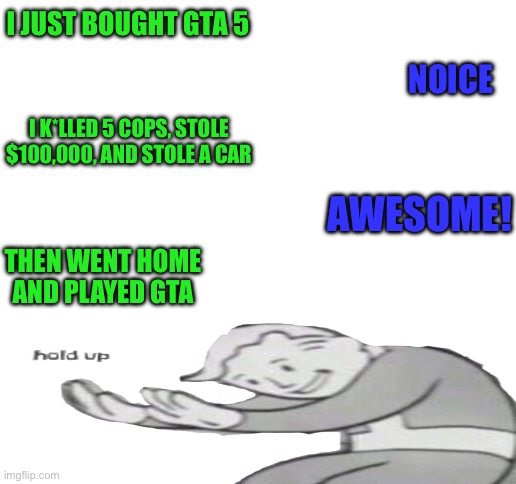 I got this from watching crime shows : ) | I JUST BOUGHT GTA 5; NOICE; I K*LLED 5 COPS, STOLE $100,000, AND STOLE A CAR; AWESOME! THEN WENT HOME AND PLAYED GTA | image tagged in blank white template | made w/ Imgflip meme maker