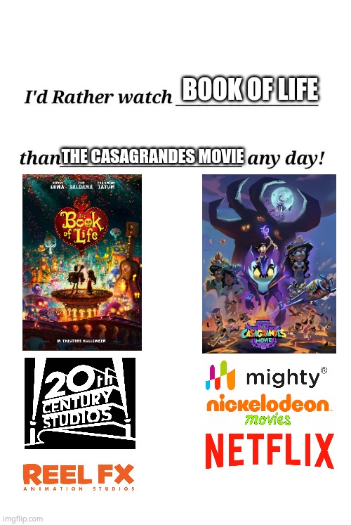 I'd Rather Watch Book Of Life Than The Casagrandes Movie Anyday | BOOK OF LIFE; THE CASAGRANDES MOVIE | image tagged in i'd rather watch x than y any day,book of life,20th century fox,20th century studios,the casagrandes,netflix | made w/ Imgflip meme maker