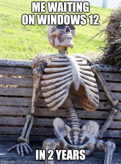 Waiting Skeleton | ME WAITING ON WINDOWS 12; IN 2 YEARS | image tagged in memes,waiting skeleton | made w/ Imgflip meme maker