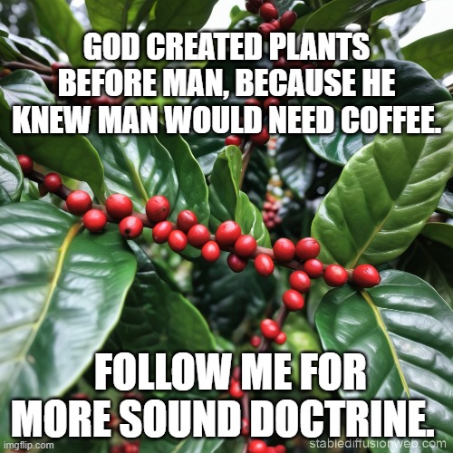 Coffee Plant | GOD CREATED PLANTS BEFORE MAN, BECAUSE HE KNEW MAN WOULD NEED COFFEE. FOLLOW ME FOR MORE SOUND DOCTRINE. | image tagged in coffee plant | made w/ Imgflip meme maker