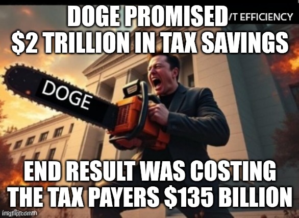 The tax payers got it DOGE style | DOGE PROMISED 
$2 TRILLION IN TAX SAVINGS; END RESULT WAS COSTING THE TAX PAYERS $135 BILLION | image tagged in elon musk doge,fraud,let's raise their taxes,maga,donald trump | made w/ Imgflip meme maker