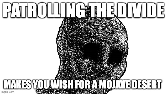The divide | PATROLLING THE DIVIDE; MAKES YOU WISH FOR A MOJAVE DESERT | image tagged in sad wojak | made w/ Imgflip meme maker