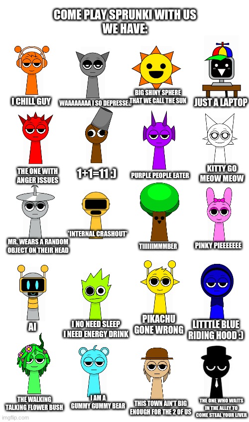Crystal: lmao | COME PLAY SPRUNKI WITH US
WE HAVE:; BIG SHINY SPHERE THAT WE CALL THE SUN; JUST A LAPTOP; WAAAAAAAA I SO DEPRESSED; I CHILL GUY; KITTY GO MEOW MEOW; PURPLE PEOPLE EATER; THE ONE WITH ANGER ISSUES; 1+1=11 :); *INTERNAL CRASHOUT*; MR. WEARS A RANDOM OBJECT ON THEIR HEAD; TIIIIIIMMMBER; PINKY PIEEEEEEE; PIKACHU GONE WRONG; AI; LITTTLE BLUE RIDING HOOD :); I NO NEED SLEEP I NEED ENERGY DRINK; THE WALKING TALKING FLOWER BUSH; I AM A GUMMY GUMMY BEAR; THIS TOWN AIN'T BIG ENOUGH FOR THE 2 OF US; THE ONE WHO WAITS IN THE ALLEY TO COME STEAL YOUR LIVER | image tagged in sprunki | made w/ Imgflip meme maker