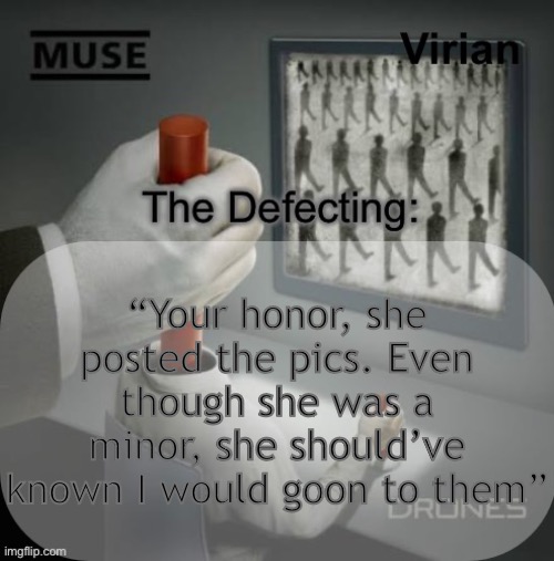 Like who tf is this guy | “Your honor, she posted the pics. Even though she was a minor, she should’ve known I would goon to them” | image tagged in virian drones temp | made w/ Imgflip meme maker