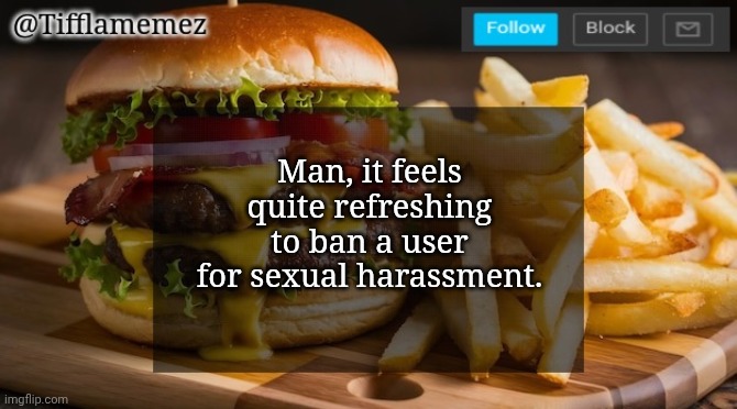 I wish they allow non-owners (not just owners) to ban someone like that forever instead of two days too. | Man, it feels quite refreshing to ban a user for sexual harassment. | image tagged in tifflamemez burger and fries announcement template | made w/ Imgflip meme maker