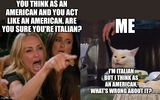 That's what mostly Sicilian people say to me: | YOU THINK AS AN AMERICAN AND YOU ACT LIKE AN AMERICAN. ARE YOU SURE YOU'RE ITALIAN? ME; I'M ITALIAN BUT I THINK AS AN AMERICAN, WHAT'S WRONG ABOUT IT? | image tagged in woman screaming at cat | made w/ Imgflip meme maker