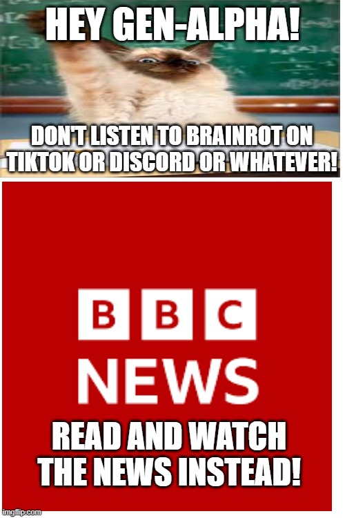 For Gen-Alphas | HEY GEN-ALPHA! DON'T LISTEN TO BRAINROT ON TIKTOK OR DISCORD OR WHATEVER! READ AND WATCH THE NEWS INSTEAD! | made w/ Imgflip meme maker