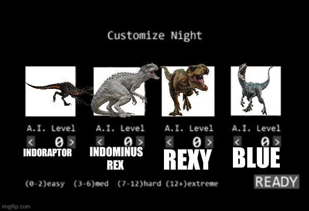 FNAJW Five Nights at Jurassic World | INDOMINUS REX; BLUE; REXY; INDORAPTOR | image tagged in fnaf 1 custom night | made w/ Imgflip meme maker