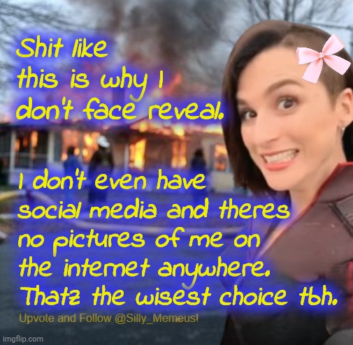 Internet safety 101 | Shit like this is why I don't face reveal. I don't even have social media and theres no pictures of me on the internet anywhere. Thatz the wisest choice tbh. | image tagged in disaster girl memeus edition template | made w/ Imgflip meme maker