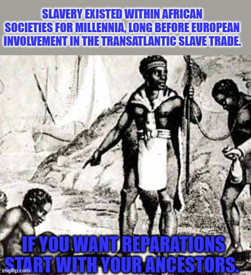 reparations - start with your ancestors | SLAVERY EXISTED WITHIN AFRICAN SOCIETIES FOR MILLENNIA, LONG BEFORE EUROPEAN INVOLVEMENT IN THE TRANSATLANTIC SLAVE TRADE. IF YOU WANT REPARATIONS START WITH YOUR ANCESTORS. | made w/ Imgflip meme maker