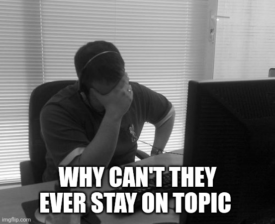 Programmer Facepalm | WHY CAN'T THEY EVER STAY ON TOPIC | image tagged in programmer facepalm | made w/ Imgflip meme maker