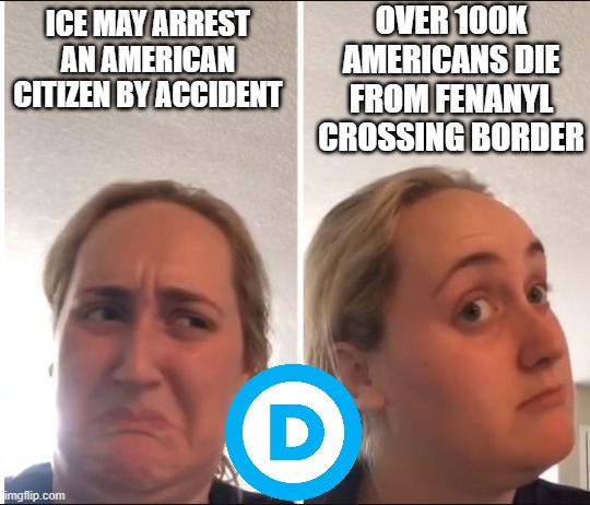 Kombucha Girl | OVER 100K AMERICANS DIE FROM FENANYL CROSSING BORDER; ICE MAY ARREST AN AMERICAN CITIZEN BY ACCIDENT | image tagged in kombucha girl | made w/ Imgflip meme maker