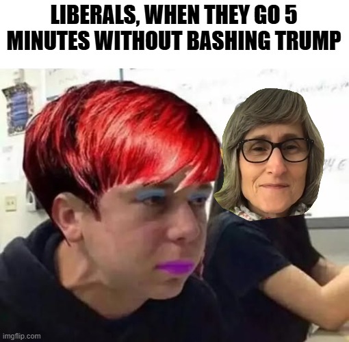 meanwhile, at the  libtard gender studies class | LIBERALS, WHEN THEY GO 5 MINUTES WITHOUT BASHING TRUMP | image tagged in stupid liberals,funny memes,donald trump approves,maga | made w/ Imgflip meme maker