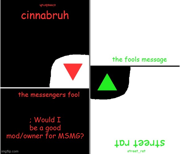 street rat n cinnabruh announcement | ; Would I be a good mod/owner for MSMG? | image tagged in street rat n cinnabruh announcement | made w/ Imgflip meme maker