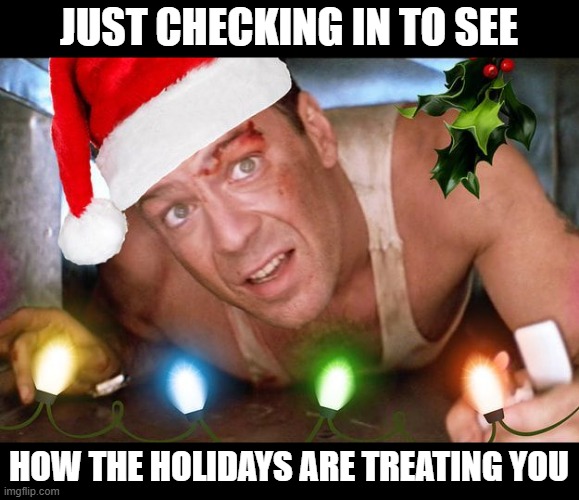 A Good Christmas To Die Hard | JUST CHECKING IN TO SEE; HOW THE HOLIDAYS ARE TREATING YOU | image tagged in die hard,christmas,bruce willis | made w/ Imgflip meme maker