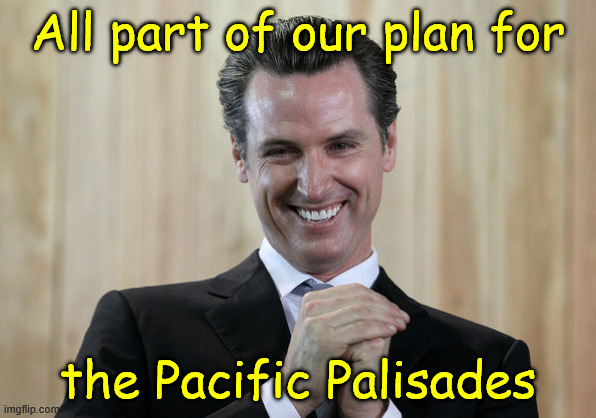 Scheming Gavin Newsom  | All part of our plan for the Pacific Palisades | image tagged in scheming gavin newsom | made w/ Imgflip meme maker