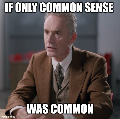 Common Sense | IF ONLY COMMON SENSE; WAS COMMON | image tagged in jordan peterson serious,funny memes | made w/ Imgflip meme maker