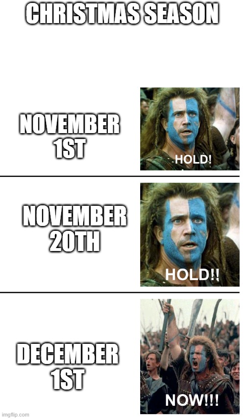 Thanksgiving Also works | CHRISTMAS SEASON; NOVEMBER 1ST; NOVEMBER 20TH; DECEMBER 1ST | image tagged in hold hold now | made w/ Imgflip meme maker