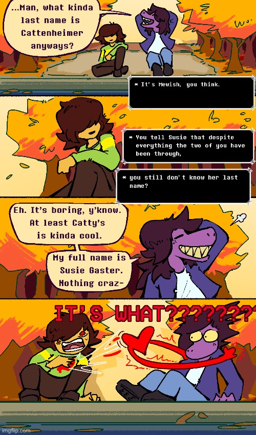 From what I’ve seen, the fandom has made the soul have one of two personalities: sadistic monster or crazed theorist | image tagged in deltarune,susie,gaster,kris,last name,comic | made w/ Imgflip meme maker