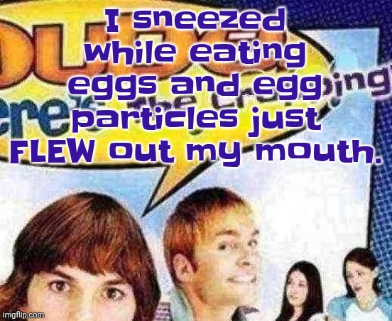 Ts so annoying | I sneezed while eating eggs and egg particles just FLEW out my mouth. | image tagged in dude where's the cropping | made w/ Imgflip meme maker