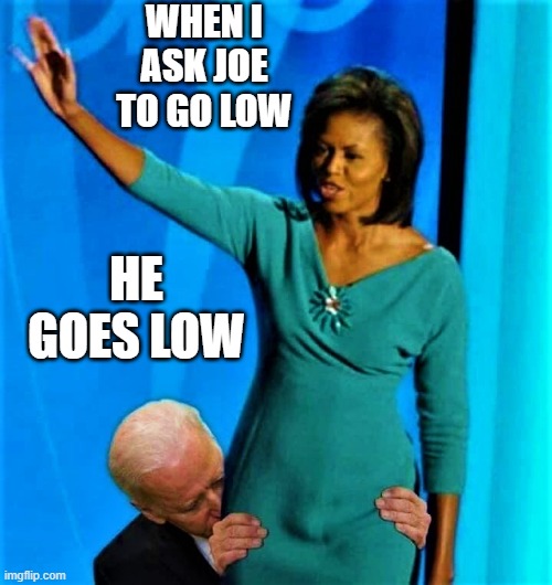 WHEN I ASK JOE TO GO LOW HE GOES LOW | image tagged in biden sniffs michelle obama | made w/ Imgflip meme maker