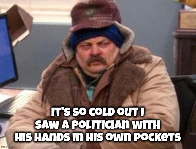 Those Oldies but Goodies | It's so cold out I saw a Politician with his hands in his own pockets | image tagged in ron swanson winter coat,politicians suck,government corruption,x x everywhere,they suck,snow joke | made w/ Imgflip meme maker