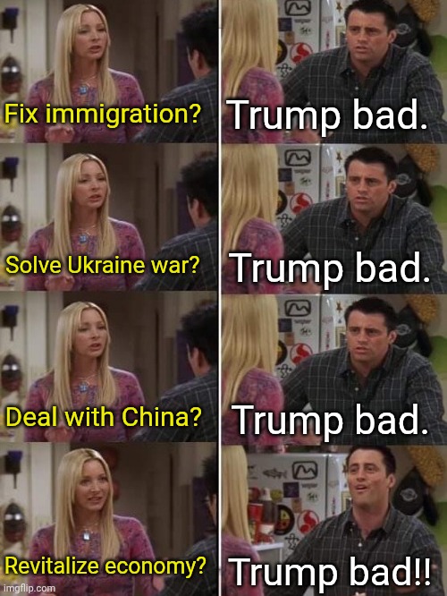 As an 'intelligent' Imgflip Libtard, how would you... | Fix immigration? Trump bad. Solve Ukraine war? Trump bad. Deal with China? Trump bad. Revitalize economy? Trump bad!! | image tagged in friends joey teach french textboxes fixed | made w/ Imgflip meme maker
