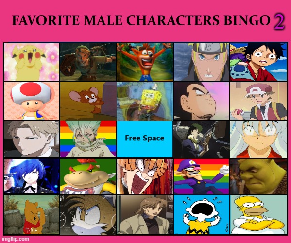 favorite male characters bingo 2 | 2 | image tagged in favorite male characters bingo,number 2,bingo,gotta be one of my favorite genders,media,comics/cartoons | made w/ Imgflip meme maker