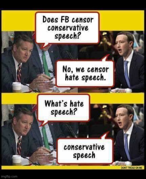 The attitude of the entire leftist media… | image tagged in political meme,ted cruz,mark zuckerberg,censorship,hate speech,conservative speech | made w/ Imgflip meme maker