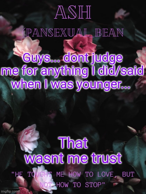 Ash's Announcement template | Guys... dont judge me for anything I did/said when I was younger... That wasnt me trust | image tagged in ash's announcement template | made w/ Imgflip meme maker