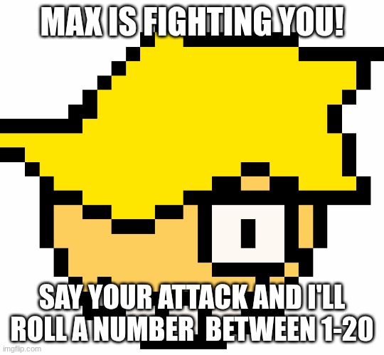 max fights you! | MAX IS FIGHTING YOU! SAY YOUR ATTACK AND I'LL ROLL A NUMBER  BETWEEN 1-20 | image tagged in max | made w/ Imgflip meme maker