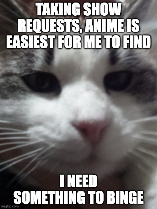 Sour Hart announcement template | TAKING SHOW REQUESTS, ANIME IS EASIEST FOR ME TO FIND; I NEED SOMETHING TO BINGE | image tagged in sour hart announcement template | made w/ Imgflip meme maker