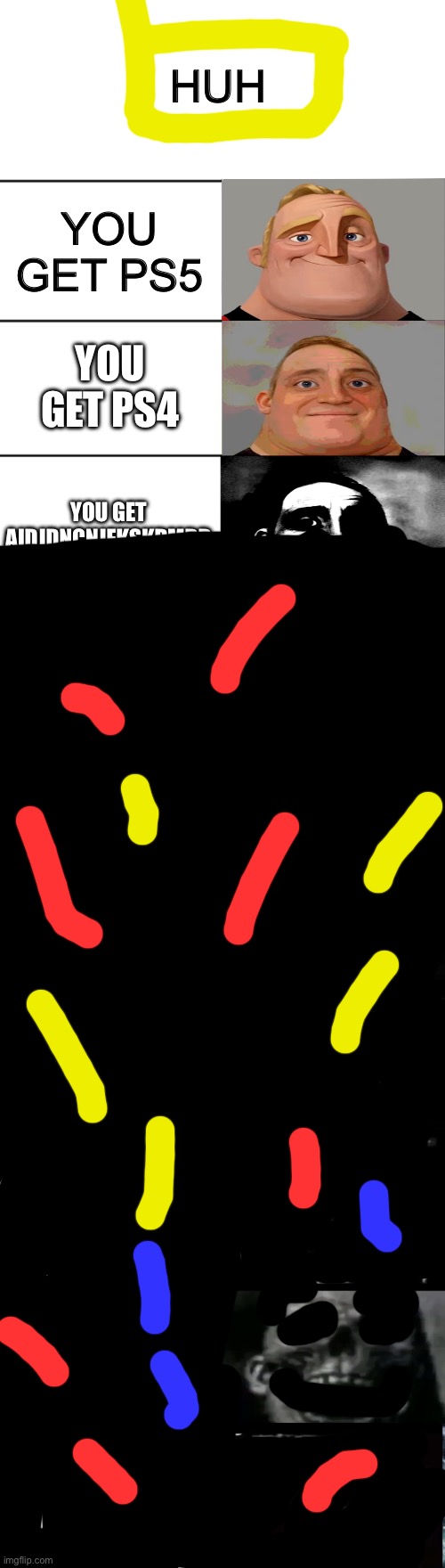 Huh | HUH; YOU GET PS5; YOU GET PS4; YOU GET AIDJDNCNJEKSKDMDD | image tagged in mr incredible becoming uncanny | made w/ Imgflip meme maker