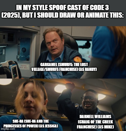 Should Animate/Draw This in Lorick Style Spoof Cast #26 | IN MY STYLE SPOOF CAST OF CODE 3 (2025), BUT I SHOULD DRAW OR ANIMATE THIS:; GARGAMEL (SMURFS: THE LOST VILLAGE/SMURFS FRANCHISE) (AS RANDY); DARNELL WILLIAMS (CRAIG OF THE CREEK FRANCHISE) (AS MIKE); SHE-RA (SHE-RA AND THE PRINCESSES OF POWER) (AS JESSICA) | image tagged in should animate/draw this in lorick style spoof cast,meme,memes,spoof cast,screenshot,code 3 | made w/ Imgflip meme maker