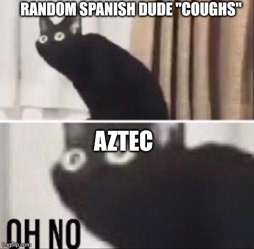 Oh no cat | RANDOM SPANISH DUDE "COUGHS"; AZTEC | image tagged in oh no cat | made w/ Imgflip meme maker
