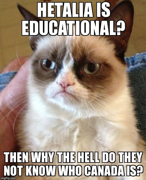Grumpy Cat Meme | HETALIA IS EDUCATIONAL? THEN WHY THE HELL DO THEY NOT KNOW WHO CANADA IS? | image tagged in memes,grumpy cat | made w/ Imgflip meme maker